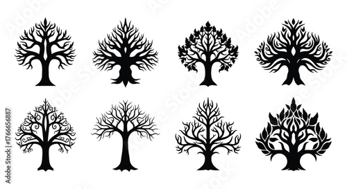 Collection of eight bare trees silhouette isolated on white background, showcasing diverse shapes and intricate branch patterns