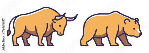 Stylized Duotone Bull and Bear Financial Market Symbols Vector Illustration, Minimalist Design
