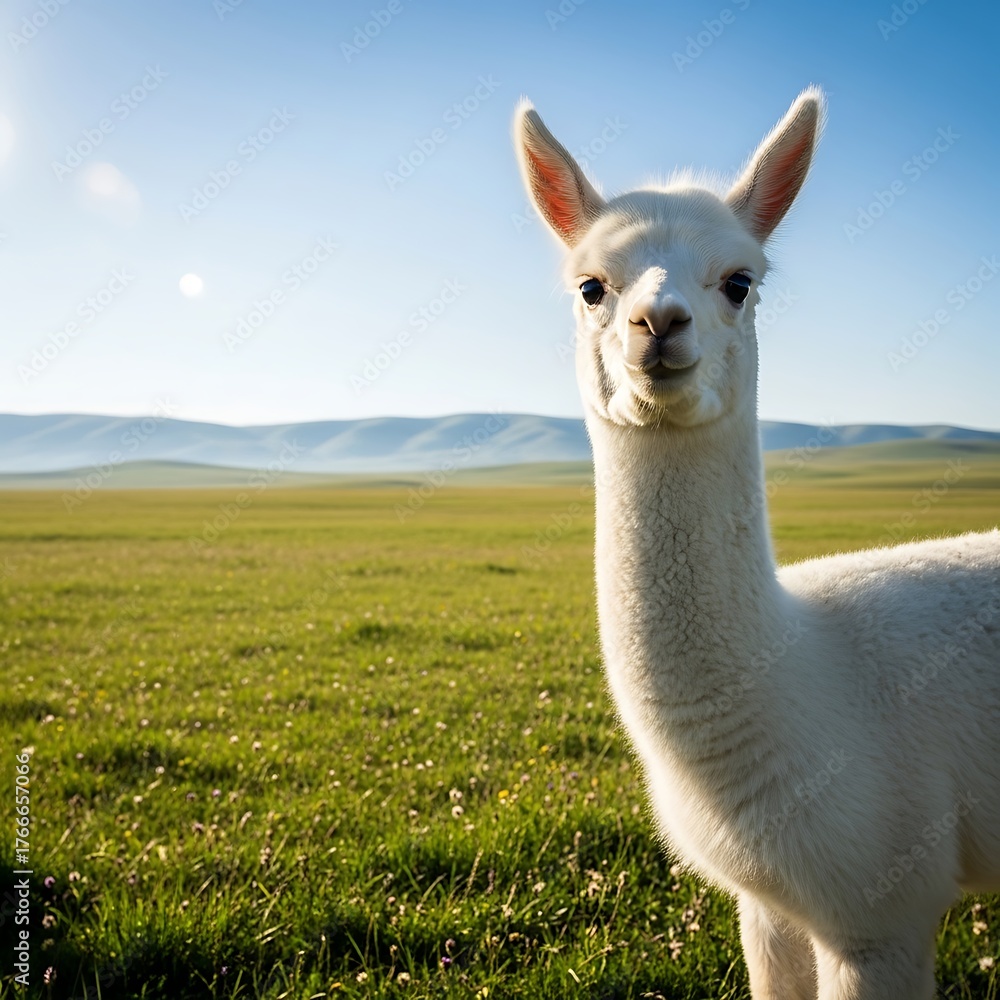 Obraz premium White Alpaca Grazing in a Green Field on a Sunny Day.