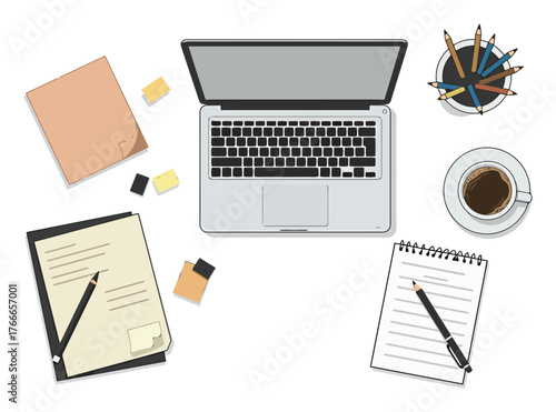 Minimalist Office Desk Flat Lay Vector - Laptop, Coffee, Notepad