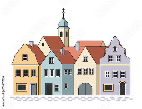 Minimalist Pastel European Village Vector Art - Clean Lines, White Background