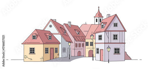 Minimalist Pastel European Village Vector Art - Clean Lines, White Background
