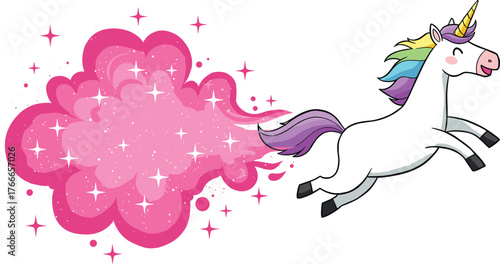 Magical cartoon unicorn leaping with rainbow mane, golden horn, sparkly pink cloud, fantasy illustration for kids and whimsical themes