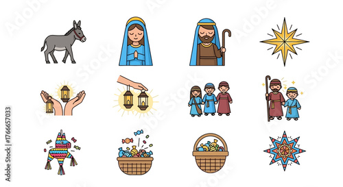 Cartoon icons depict the Christmas story and customs including the star Mary Joseph and traditional gifts