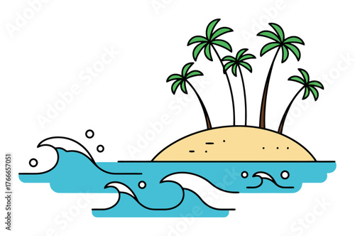 Tropical Island Flat Illustration - Minimalist Vector Art with Waves, White Background