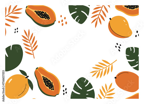 Tropical Fruit Pattern Vector Art: Papaya, Mango, Minimalist Leaves, High Contrast White Background