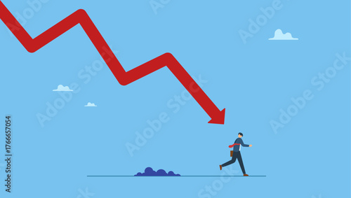Failed businessman run away from falling down arrow chart. Business failure, economic recession or investment loss or stock market falling down, crisis or crash, investing risk or depression.