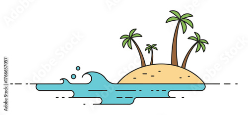 Tropical Island Flat Illustration - Minimalist Vector Art with Waves, White Background