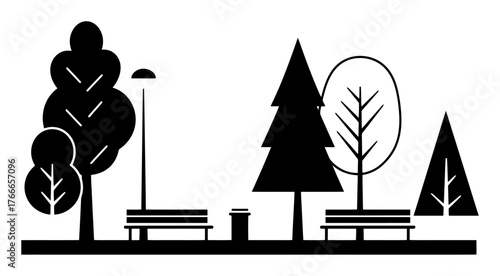 Minimalist Urban Park Vector Scene - Trees, Benches, Clean Lines, White Background