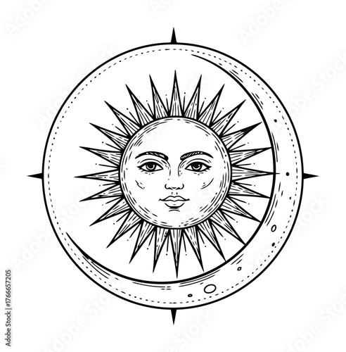 Vintage Sun and Moon Celestial Engraving Vector Art - Minimalist Design