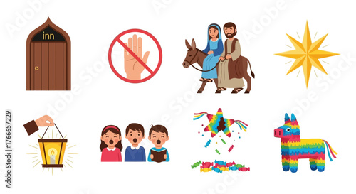 Christian holiday imagery featuring an inn donkey star lantern carolers and piñatas