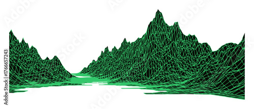 Minimalist VR Wireframe Mountain Landscape, Clean Vector Art