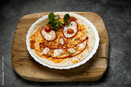 Close-up of Halloween-themed pizza with smiling face made from vegetables and cheese on white plate over wooden board, top view food photography