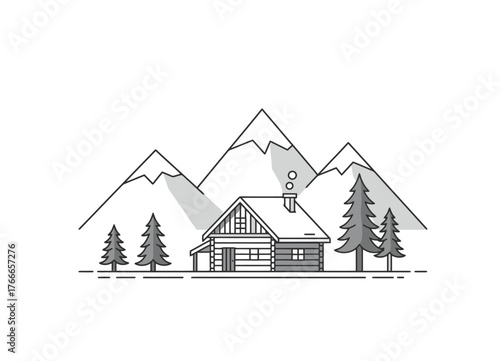 Minimalist Winter Mountain Cabin Flat Vector Art, Clean Lines, White Background