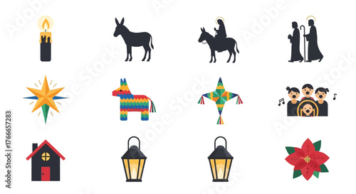 Christmas icons candle donkey piñatas nativity caroling house lantern poinsettia
