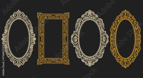 A beautiful collection of four ornate vintage frames with intricate baroque and rococo details, presented as a classic vector illustration set for design