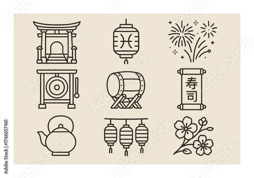 Traditional japanese icons featuring lanterns, cherry blossoms, tea pot, and drum