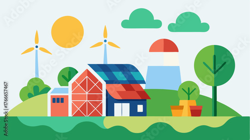 A whimsical rural scene depicting various renewable energy sources including a solar barn windmill and biogas digester in harmony with nature.