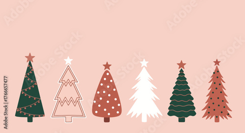 A charming collection of stylized Christmas trees in festive patterns and colors. Modern vector illustration for holiday cards, posters, and winter backgrounds