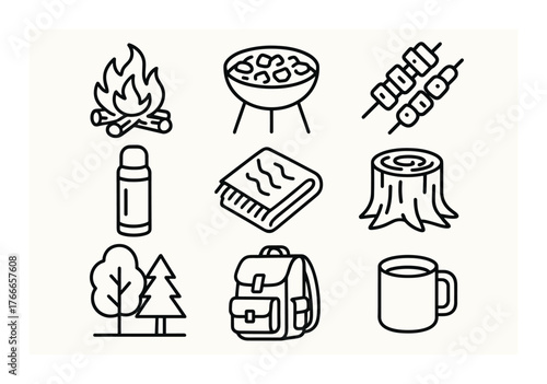 Camping essentials: fire, grill, skewers, thermos, blanket, stump, trees, backpack, mug