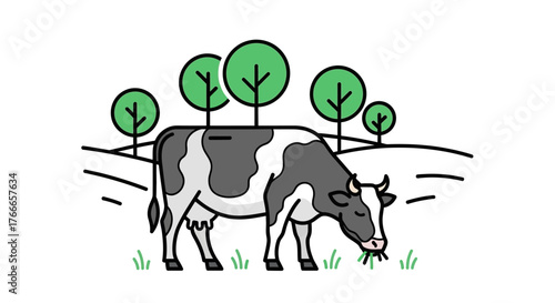 Illustration of a black and white cow grazing in a field with green trees in the background