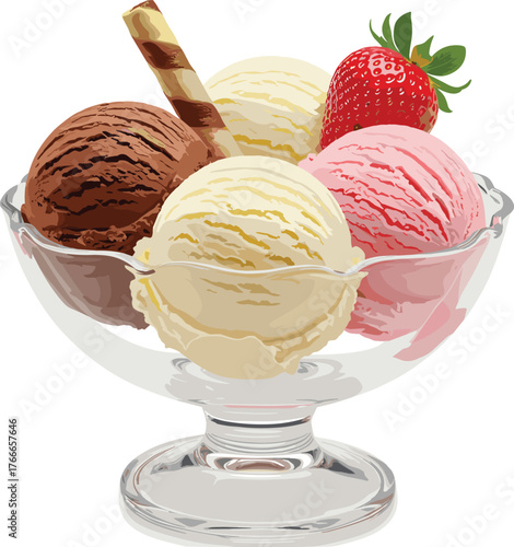 Ice cream dessert bowl, colorful scoops, chocolate vanilla strawberry flavors, glass dish, sweet treat, summer refreshment, gourmet food, delicious frozen snack, strawberry topping, wafer stick