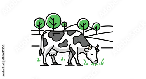 Spotted dairy cow grazing on green grass in a countryside pasture. Simple vector line art illustration for a poster design