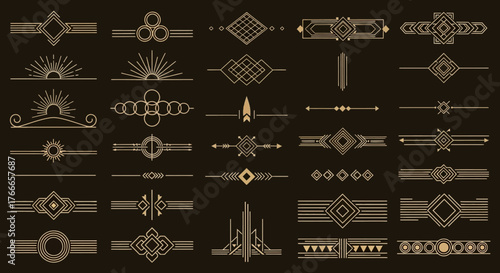 Collection of Art Deco Ornamental Dividers and Borders with Geometric Patterns on Dark Background