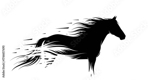 A black silhouette of a horse in motion, with its mane and tail dissolving into abstract streaks, conveying speed and dynamism.