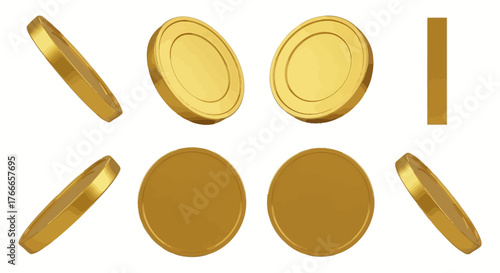 Collection of golden coins in various angles and perspectives, symbolizing wealth and value