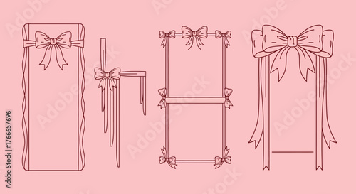 A charming set of vector line art frames decorated with delicate bows and flowing ribbons, perfect for romantic or feminine designs