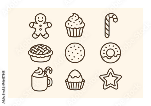 Collection of hand-drawn christmas dessert icons featuring cookies and sweets