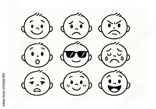 Nine diverse baby facial expressions emotions chart for children learning