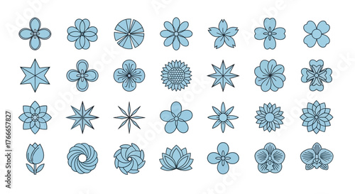 Diverse collection of elegant blue floral outline icons, showcasing various stylized blossom shapes ideal for botanical graphic design elements, decorative patterns, and nature