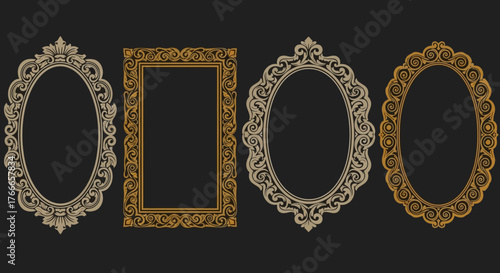 Exquisite set of decorative antique frames with ornate golden detailing, perfect for elegant design, classic portraits, and vintage aesthetics on a contrasting dark backdrop