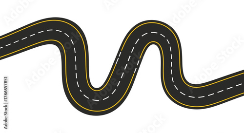 Illustration of a winding road with markings. A curved asphalt highway representing a journey, trip, or challenging path on a white background