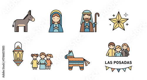 Colorful icons depict characterssymbols for the Posadas tradition