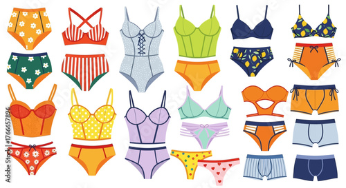 Fashionable lingerie collection featuring bras, panties, and corsets in vibrant colors and playful patterns