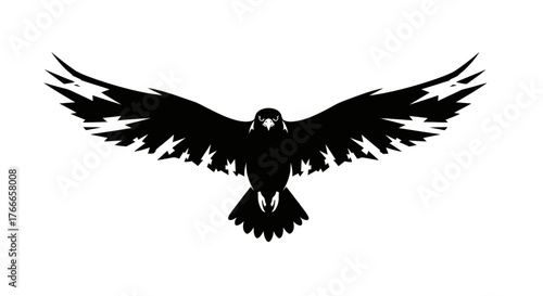A striking black silhouette of a bird of prey with wings spread wide against a white background.