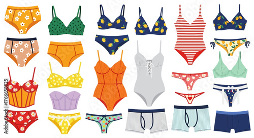 Colorful swimwear collection bikinis, briefs, and trunks