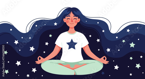 Serene Yoga Girl in Lotus Position with Starry Hair - Mindful Illustration