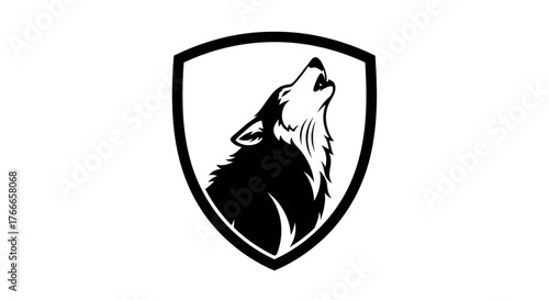 A black and white illustration of a wolf howling inside a shield emblem.