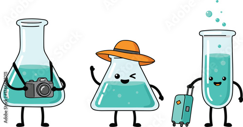 Cartoon laboratory glassware characters, funny science beaker flask test tube illustration, chemistry experiment travel vacation theme, anthropomorphic scientist equipment mascot