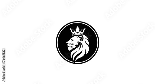 A striking black and white circular emblem featuring a majestic lion wearing a crown, symbolizing power and royalty.