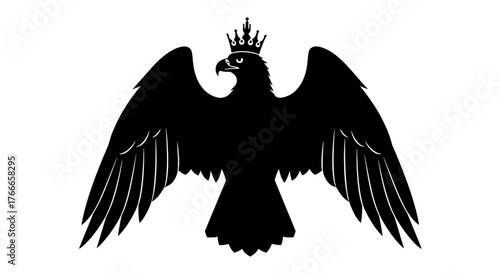 A striking black silhouette of a crowned eagle with outstretched wings against a white background.
