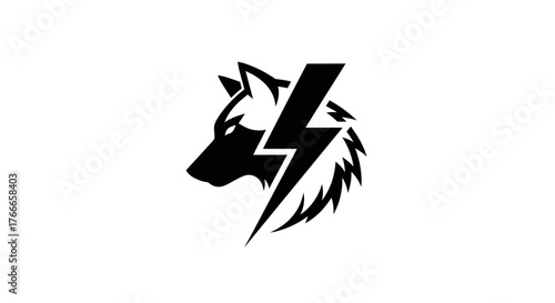 A black and white graphic illustration of a wolf's head with a lightning bolt superimposed over its face.