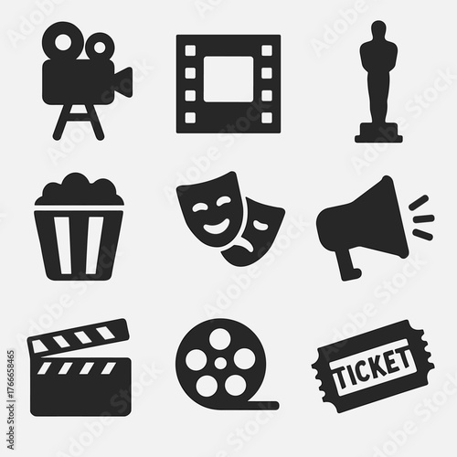 Classic cinema icons. Vector icon set of classic cinema motifs: silent film camera, vintage projector, film reel, oscar, ticket, mask, megaphone . Vector icon.