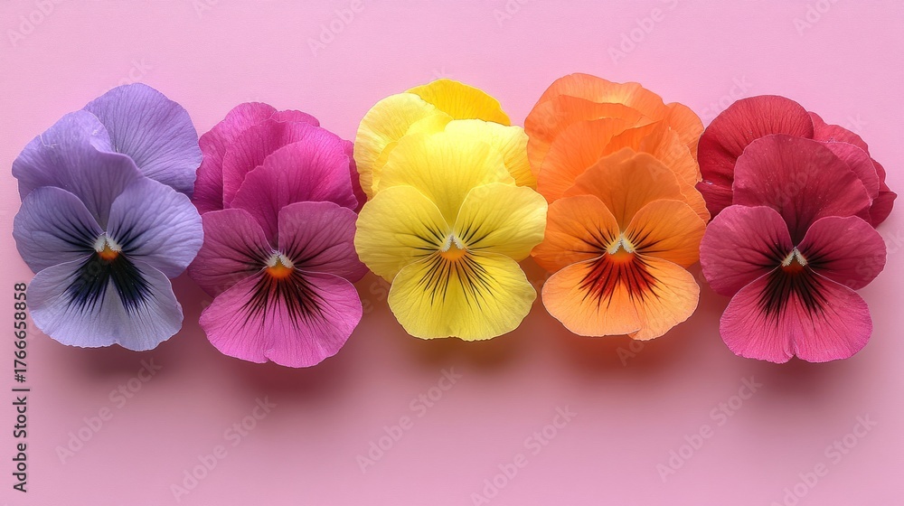 Obraz premium Colorful pansies in a spectrum of hues arranged in a horizontal line against a soft pink background