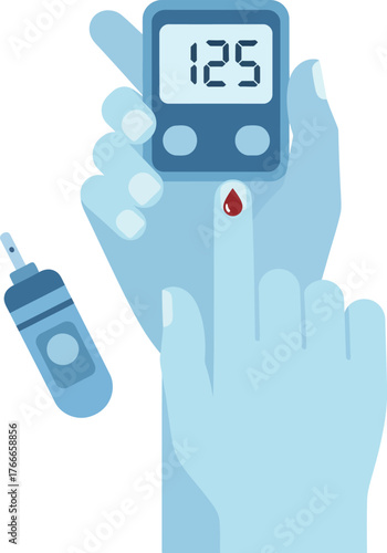 Blood glucose test with meter and blood drop on finger.