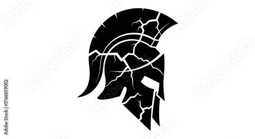 A black Spartan helmet with cracks running across its surface, set against a white background.